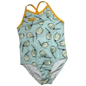 King of Redonda Girls One Piece Swimsuit Size 8 Aqua Yellow Cross Back NWT